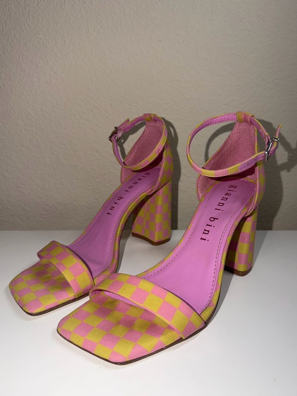 Gianni Bini Maileigh Checkered Satin Ankle Strap Square Toe Block Heels